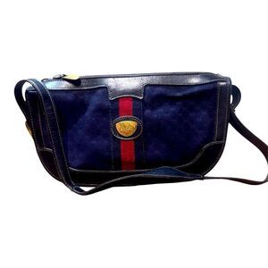 Gucci Vintage Navy Blue Canvas & Leather Sherry Line Messenger Bag Monogram Auth